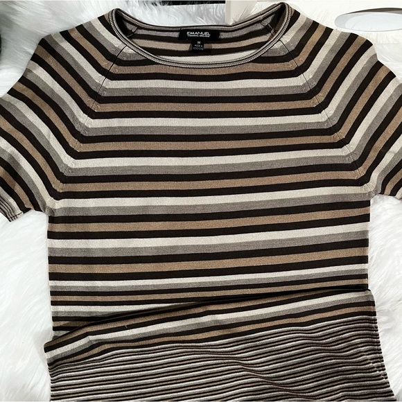 NEW Emanuel Ungaro Silk Striped Neutral Multi Fitted Layering Short Sleeve Top M - Picture 8 of 14